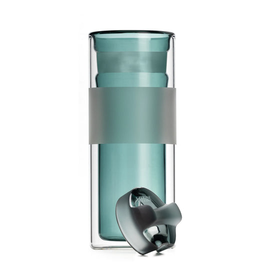 VITRI 10oz all-glass lidded tumbler with patented glass-to-glass lid, in Aqua, lid leaning against cup body