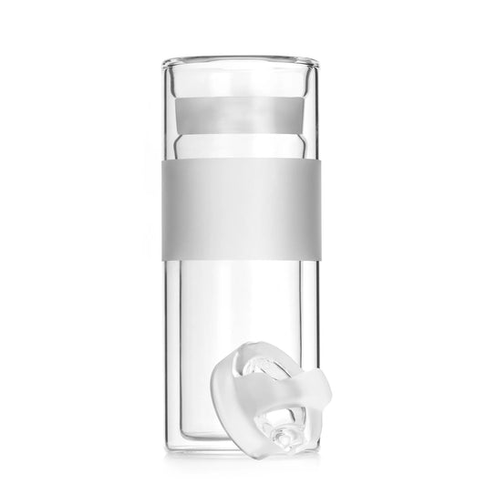 VITRI 10oz all-glass lidded tumbler with patented glass-to-glass lid, in Clear, lid leaning against cup body