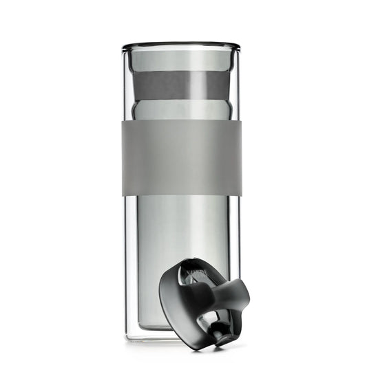 VITRI 10oz all-glass lidded tumbler with patented glass-to-glass lid, in Graphite, lid leaning against cup body