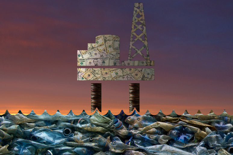 Littorary - Oil Platform Made of Money in Sea of Plastic Bottles