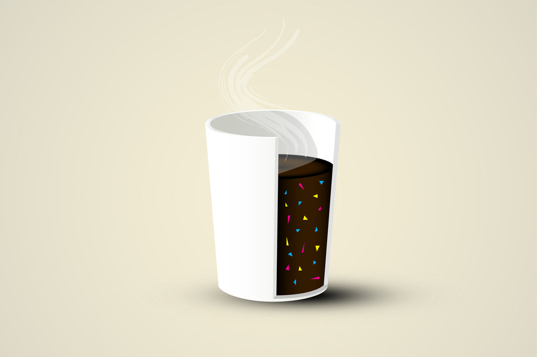 Littorary - cross sectioned single use cup with colorful microplastic particles floating in the coffee