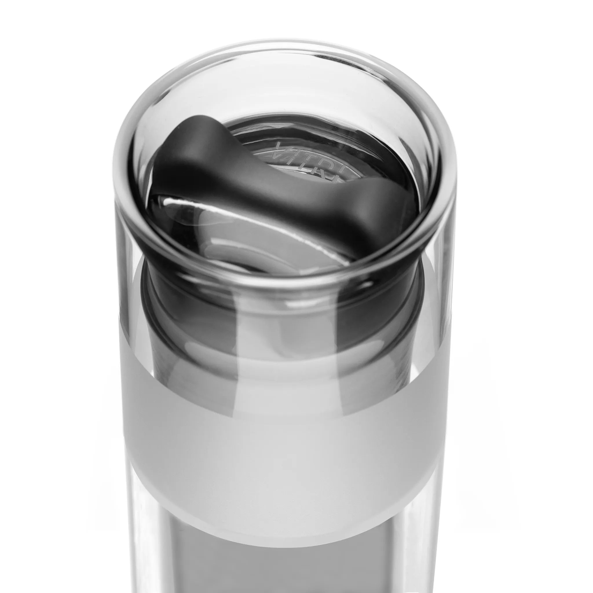 VITRI 10oz graphite glass tumbler with lid, three-quarter top-down view