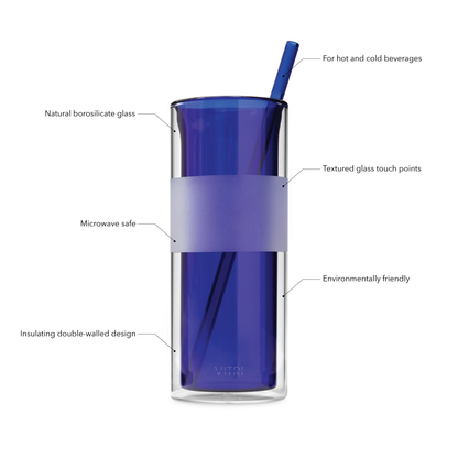 12oz Glass & Straw, 2 Pieces, Cobalt