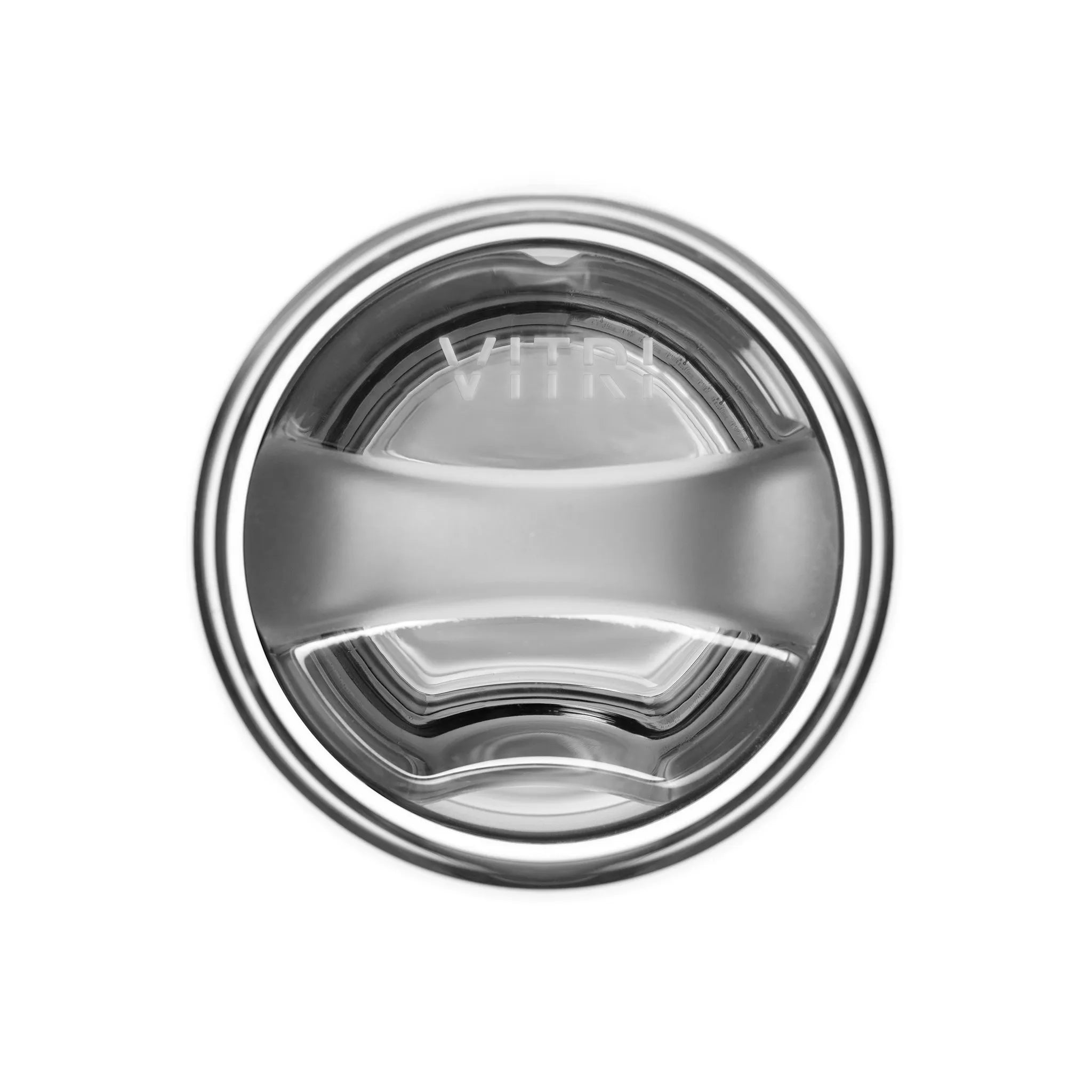 VITRI 10oz graphite glass tumbler, close-up top-down view of patented glass-to-glass lid seal