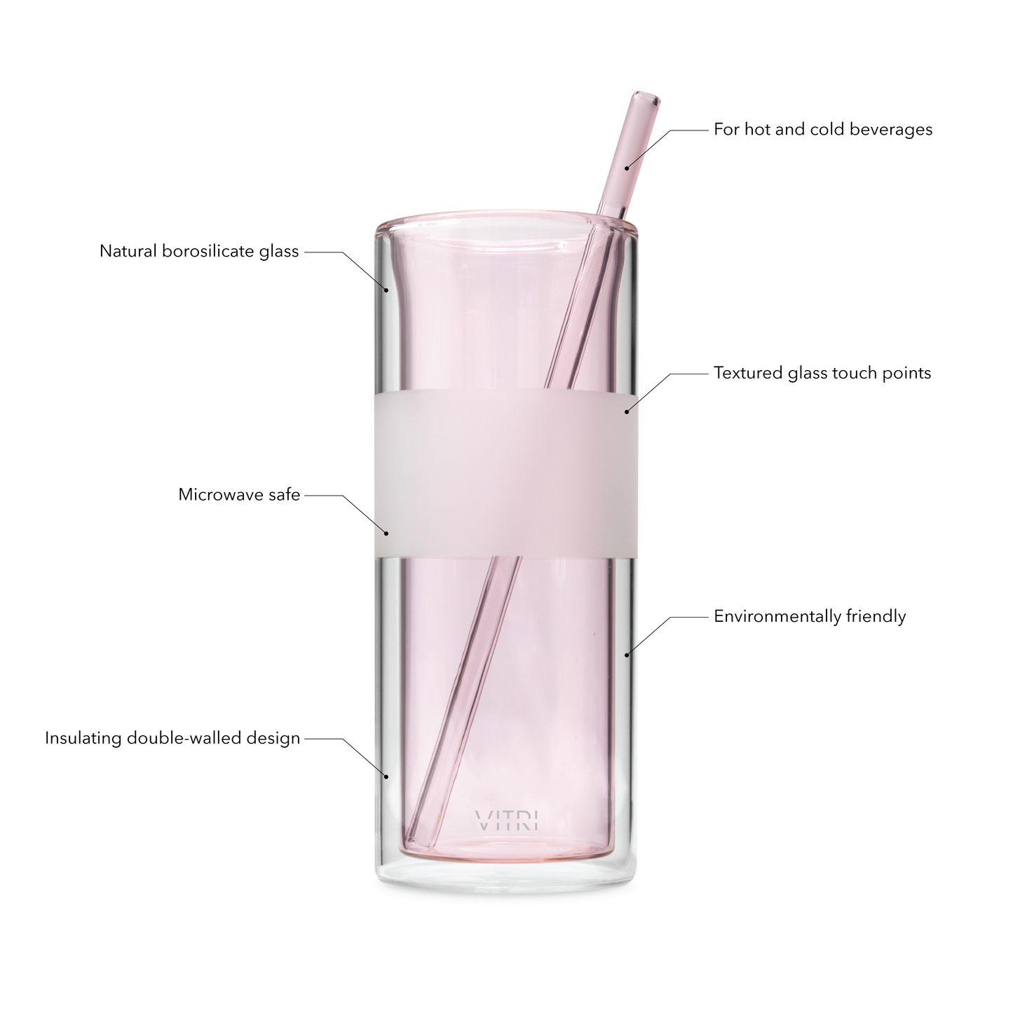 12oz Glass & Straw, 2 Pieces, Rose