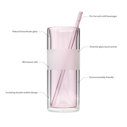 12oz Glass & Straw, 2 Pieces, Rose