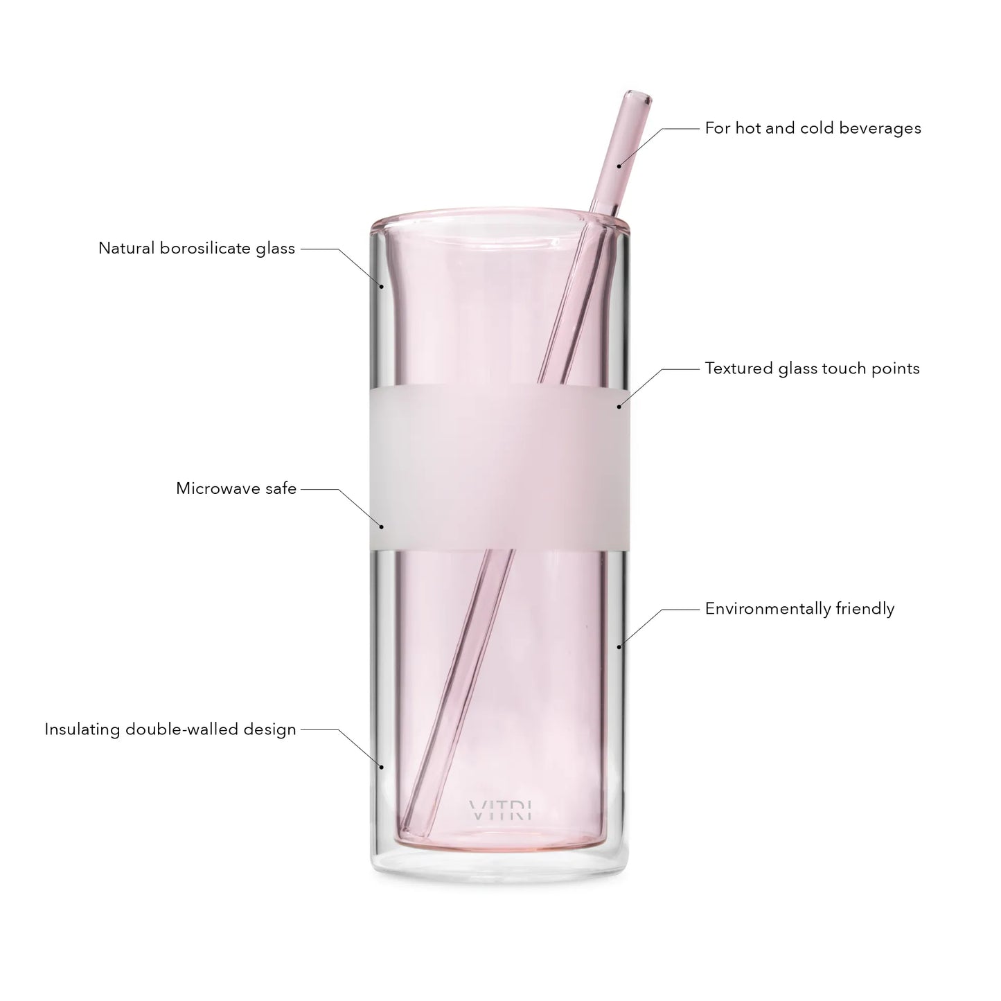 12oz Glass & Straw, 2 Sets, Rose